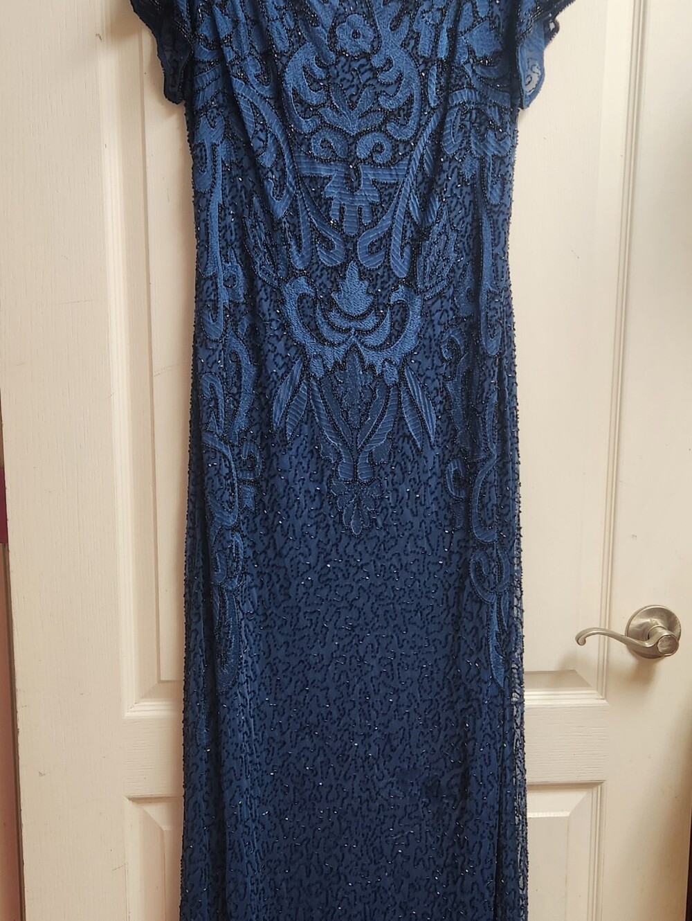 Pisarro Nights Elegant Navy Blue Beaded Evening Dress - Women